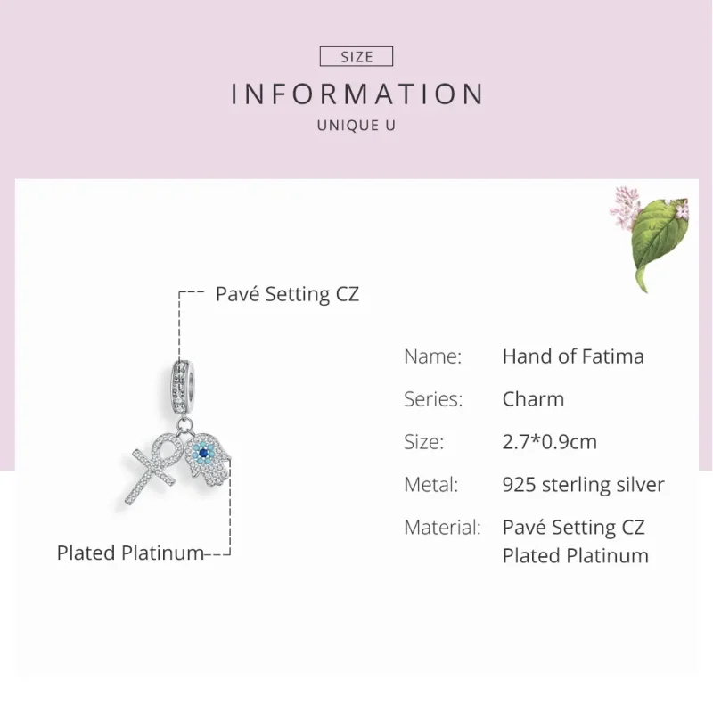 (image for) Pandora Style Silver Hand of Fatima Dangle - BSC084 - View 7