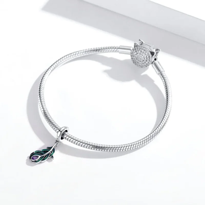 (image for) Pandora Style Silver Peacok Feather Dangle - SCC1704 - View 3
