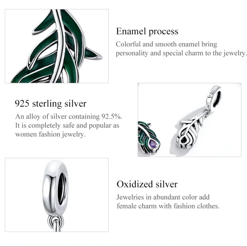 (image for) Pandora Style Silver Peacok Feather Dangle - SCC1704 - View 7