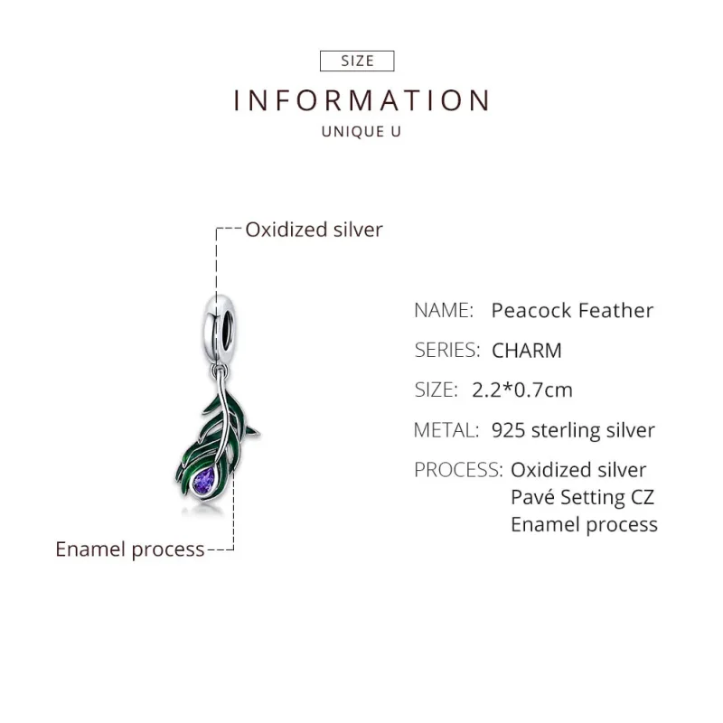(image for) Pandora Style Silver Peacok Feather Dangle - SCC1704 - View 8