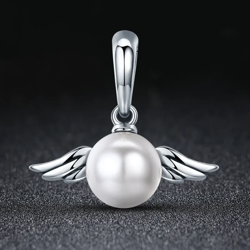(image for) Pandora Style Silver Pearl Angel Wings Dangle - SCC381 - View 2