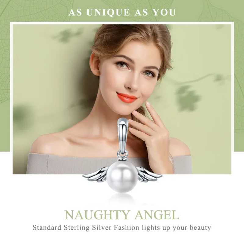 (image for) Pandora Style Silver Pearl Angel Wings Dangle - SCC381 - View 5