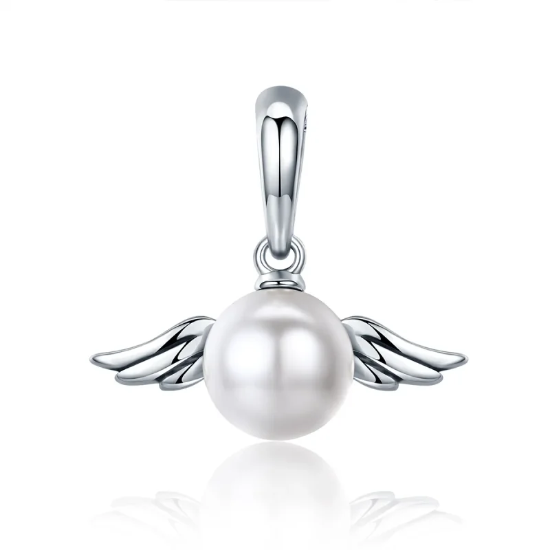 (image for) Pandora Style Silver Pearl Angel Wings Dangle - SCC381
