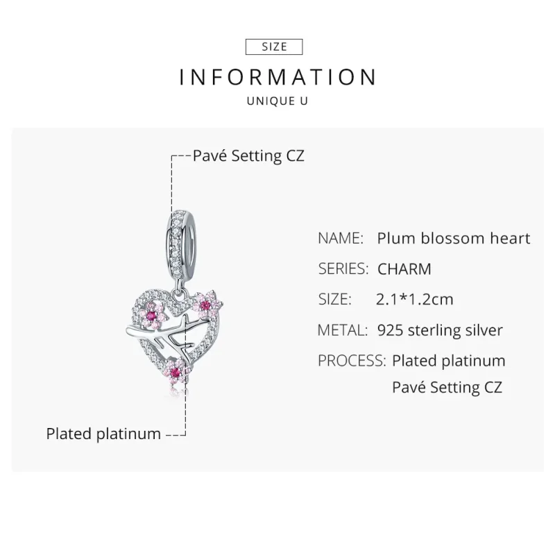 (image for) Pandora Style Silver Plum Blossom Heart Dangle - BSC151 - View 7