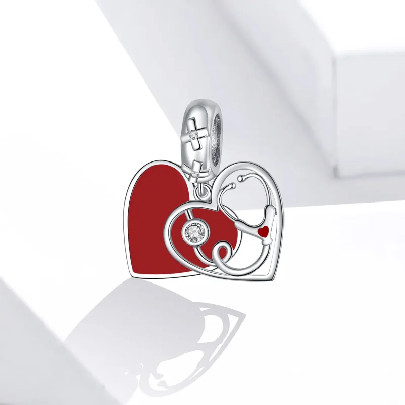 (image for) Pandora Style Silver Stethoscope With Red Heart Dangle - BSC308 - View 2
