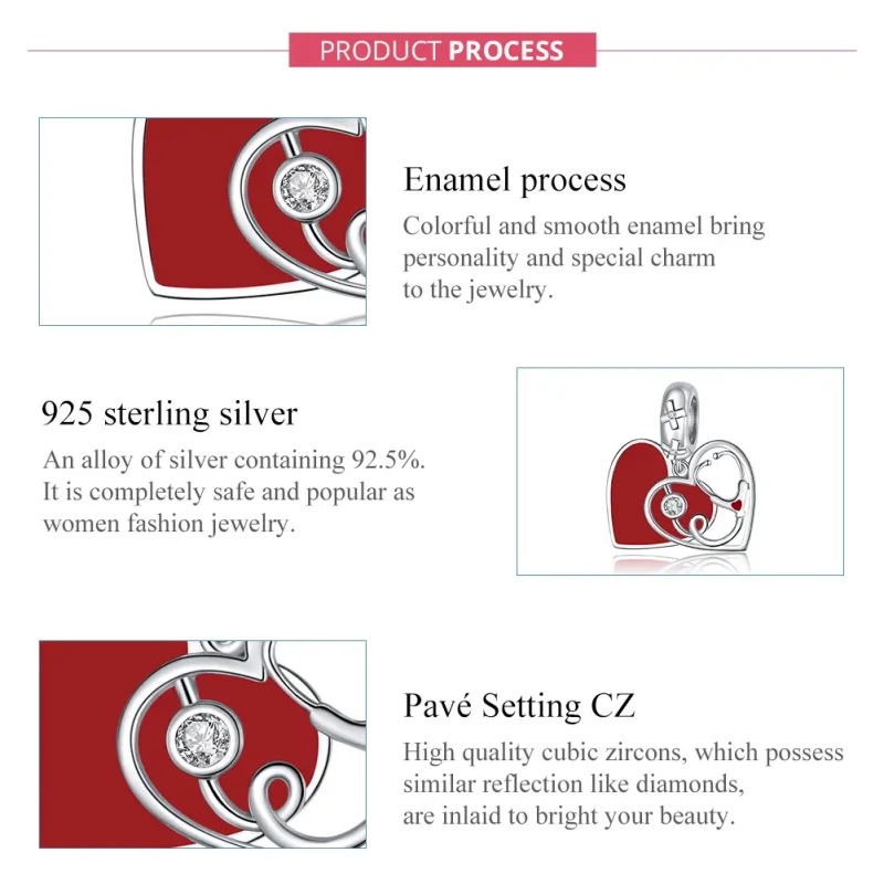 (image for) Pandora Style Silver Stethoscope With Red Heart Dangle - BSC308 - View 7