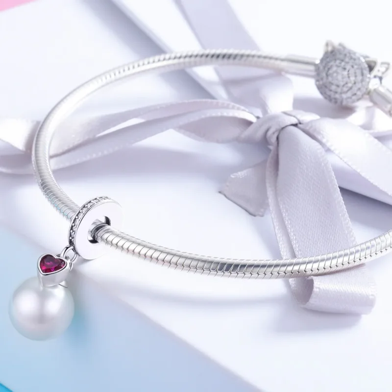 (image for) Pandora Style Silver White Beads And Hearts Dangle - SCC782 - View 3