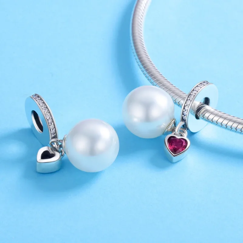 (image for) Pandora Style Silver White Beads And Hearts Dangle - SCC782 - View 4