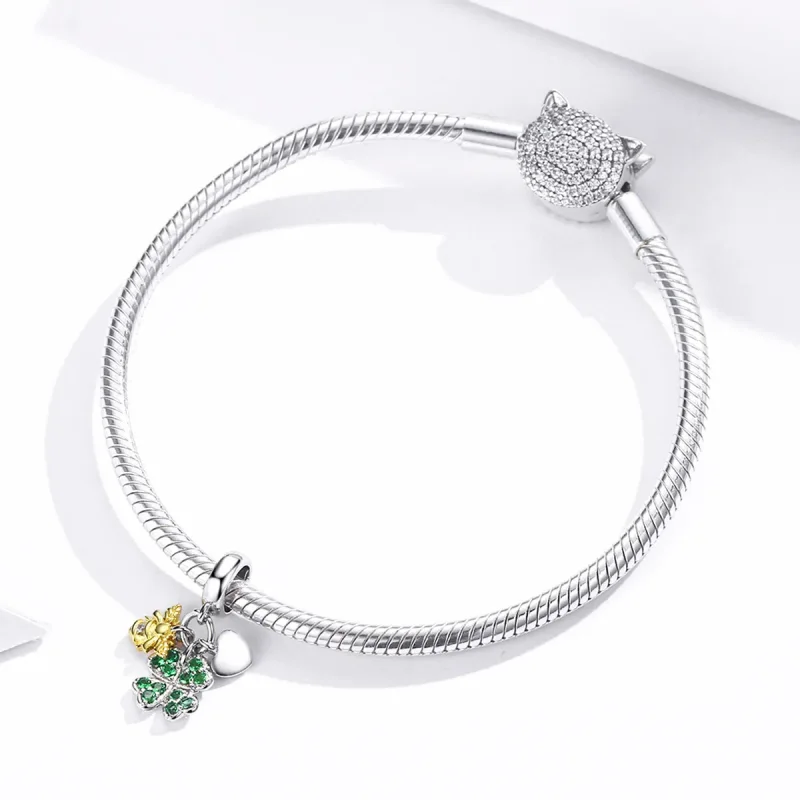(image for) Pandora Style Two Tone Bicolor Clover With Bee Dangle - BSC303 - View 3