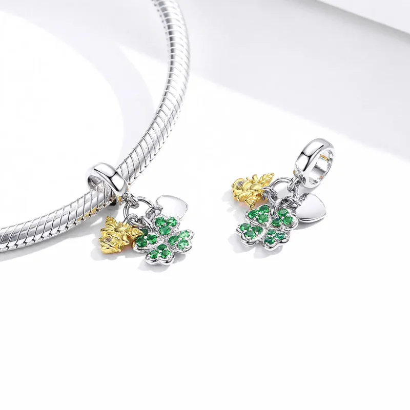 (image for) Pandora Style Two Tone Bicolor Clover With Bee Dangle - BSC303 - View 4