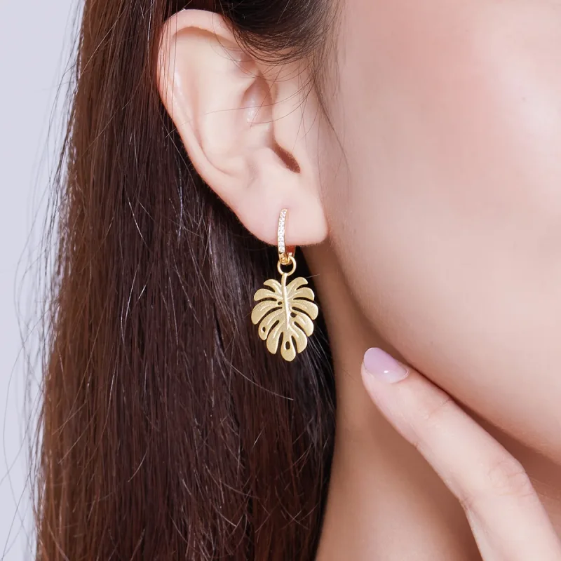 (image for) Pandora Style 18ct Gold Plated Monstera Leaf Dangle Earrings - BSE223 - View 7