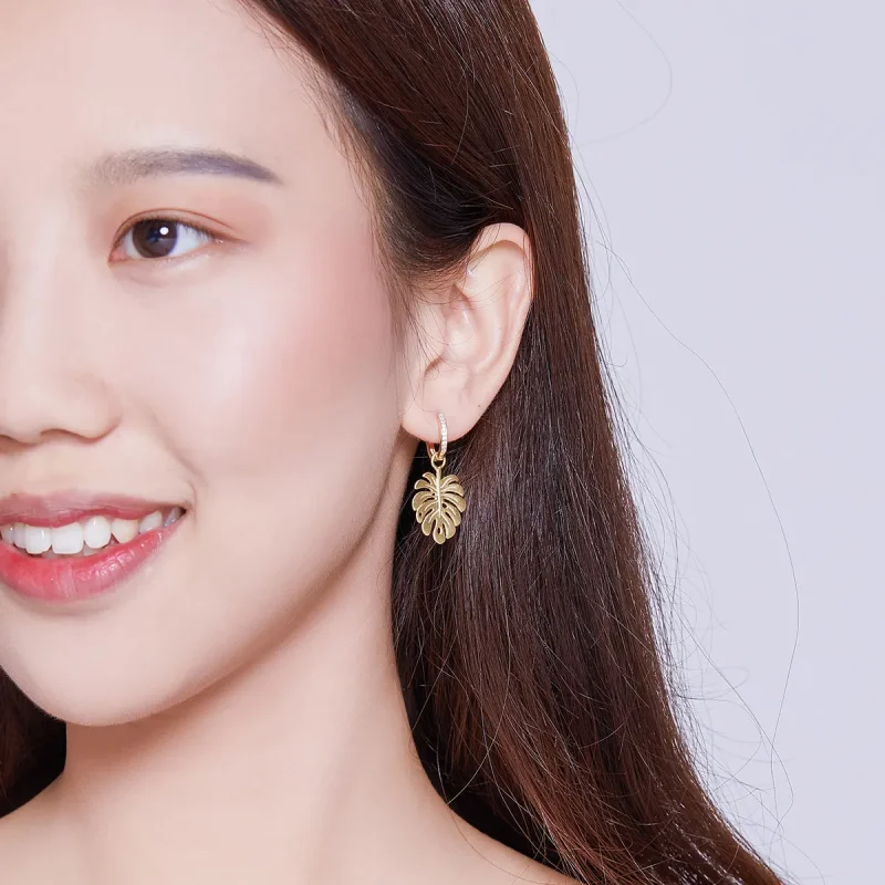 (image for) Pandora Style 18ct Gold Plated Monstera Leaf Dangle Earrings - BSE223 - View 8