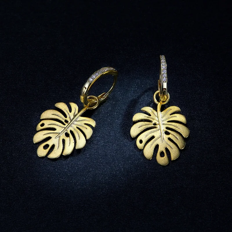 (image for) Pandora Style 18ct Gold Plated Monstera Leaf Dangle Earrings - BSE223 - View 9