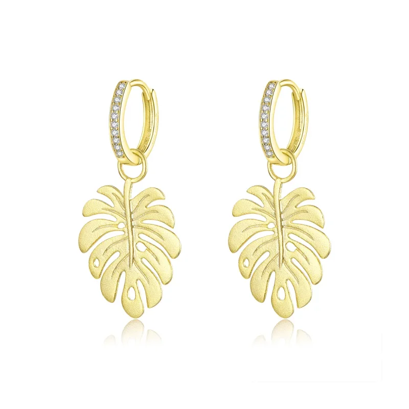 (image for) Pandora Style 18ct Gold Plated Monstera Leaf Dangle Earrings - BSE223