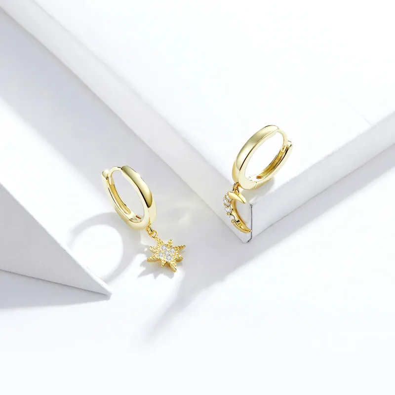 (image for) Pandora Style 18ct Gold Plated Moon & Star Dangle Earrings - SCE785 - View 2
