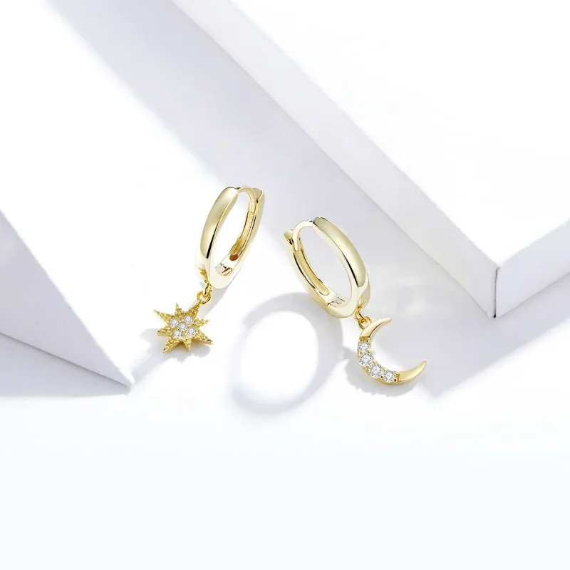 (image for) Pandora Style 18ct Gold Plated Moon & Star Dangle Earrings - SCE785 - View 4