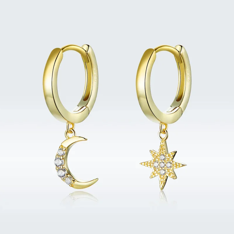 (image for) Pandora Style 18ct Gold Plated Moon & Star Dangle Earrings - SCE785