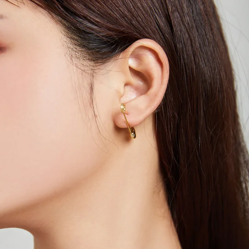 (image for) Pandora Style 18ct Gold Plated Safety Pin Stud Earrings - SCE1088 - View 4