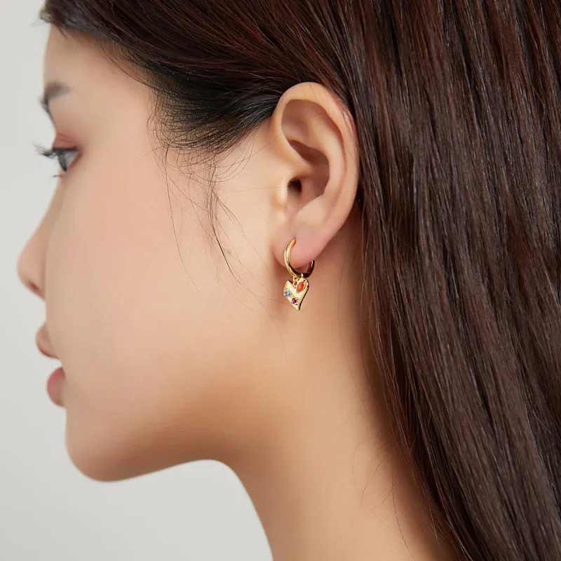 (image for) Pandora Style 18ct Gold Plated Single Colorful Heart Dangle Earrings - SCE1063 - View 5