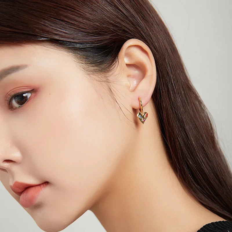 (image for) Pandora Style 18ct Gold Plated Single Colorful Heart Dangle Earrings - SCE1063 - View 7