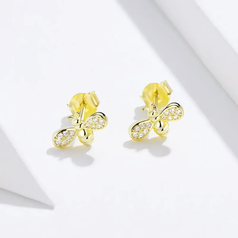 (image for) Pandora Style Gold-Plated Bee Stud Earrings - SCE669 - View 2