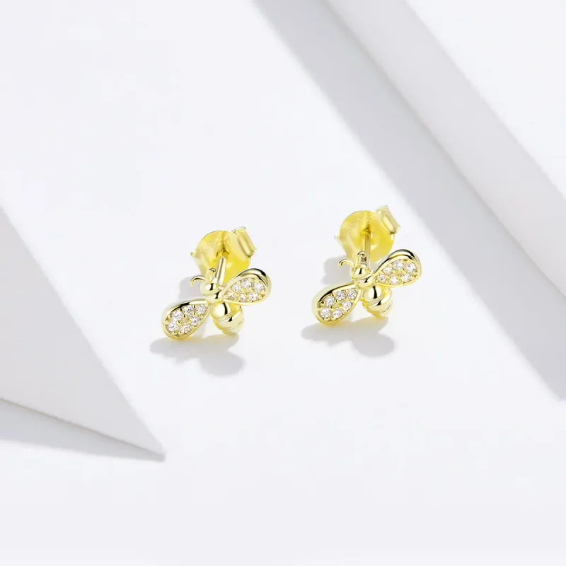 (image for) Pandora Style Gold-Plated Bee Stud Earrings - SCE669 - View 3