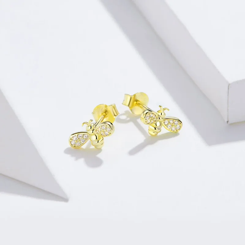(image for) Pandora Style Gold-Plated Bee Stud Earrings - SCE669 - View 4
