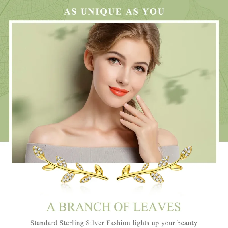 (image for) Pandora Style Gold-Plated Branch of Leaves Stud Earrings - SCE556 - View 2