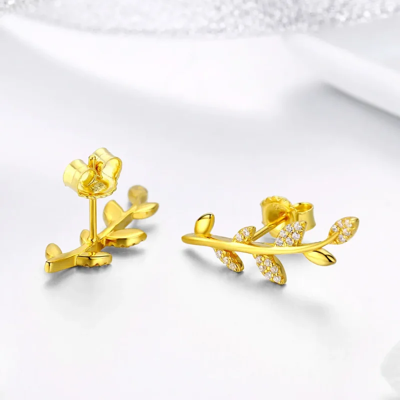(image for) Pandora Style Gold-Plated Branch of Leaves Stud Earrings - SCE556 - View 3