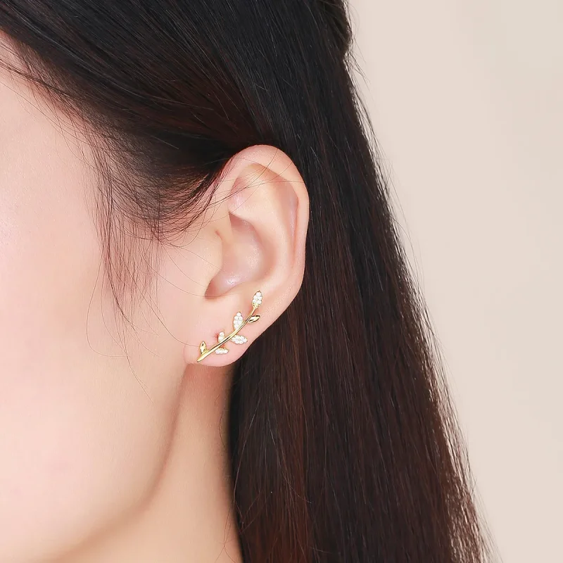 (image for) Pandora Style Gold-Plated Branch of Leaves Stud Earrings - SCE556 - View 4