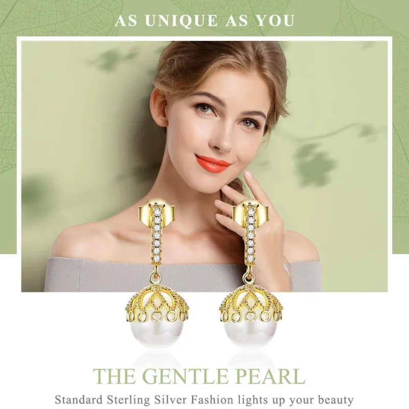 (image for) Pandora Style Gold-Plated Gentle Pearl Hanging Earrings - SCE608 - View 2