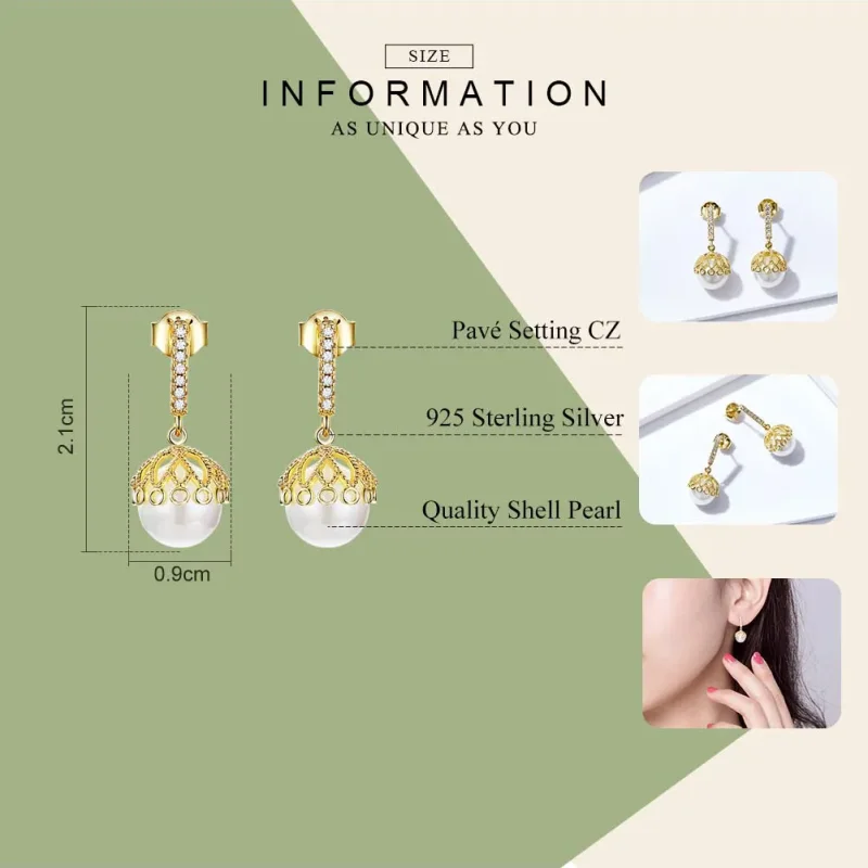 (image for) Pandora Style Gold-Plated Gentle Pearl Hanging Earrings - SCE608 - View 3