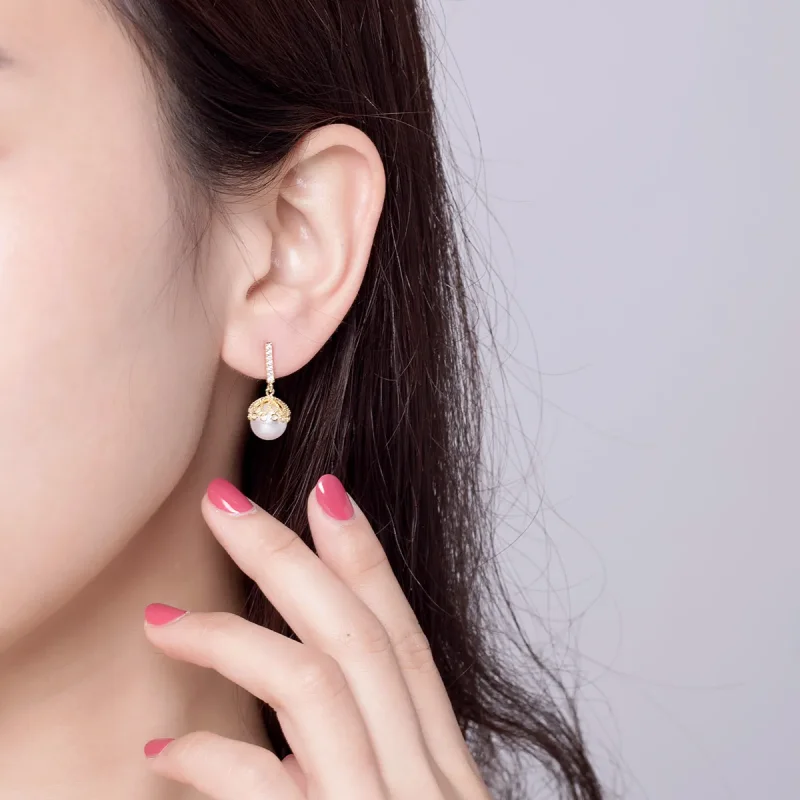 (image for) Pandora Style Gold-Plated Gentle Pearl Hanging Earrings - SCE608 - View 4