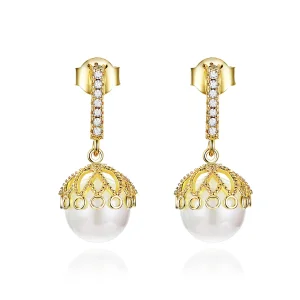 (image for) Pandora Style Gold-Plated Gentle Pearl Hanging Earrings - SCE608
