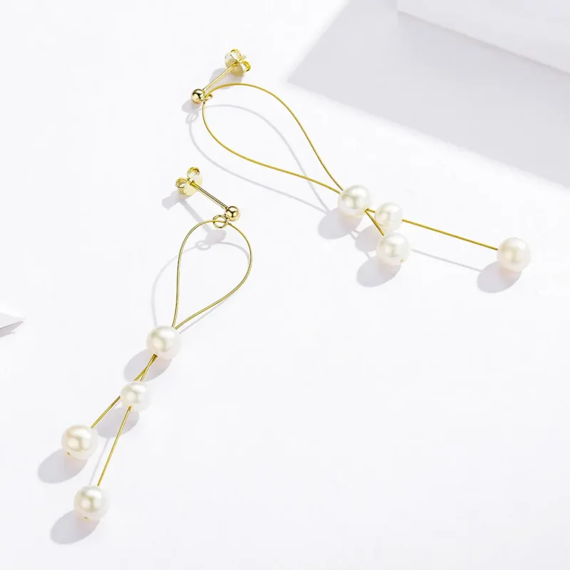 (image for) Pandora Style Gold-Plated Gentle Pearl Hanging Earrings - SCE615 - View 2