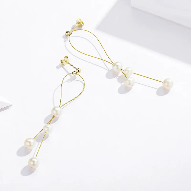 (image for) Pandora Style Gold-Plated Gentle Pearl Hanging Earrings - SCE615 - View 3