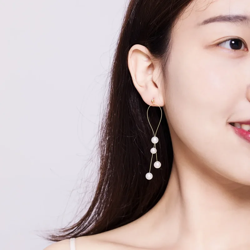 (image for) Pandora Style Gold-Plated Gentle Pearl Hanging Earrings - SCE615 - View 4