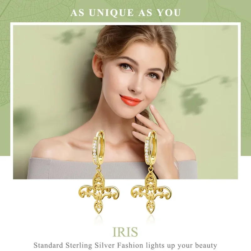 (image for) Pandora Style Gold-Plated Iris Hanging Earrings - SCE535 - View 2