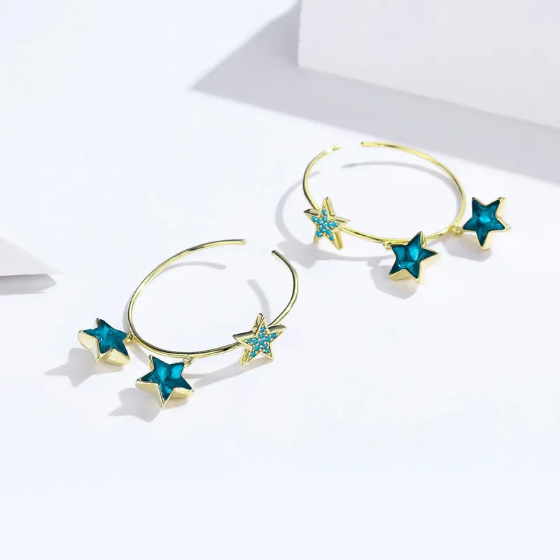 (image for) Pandora Style Gold-Plated Mystic Star Hanging Earrings - SCE689 - View 2