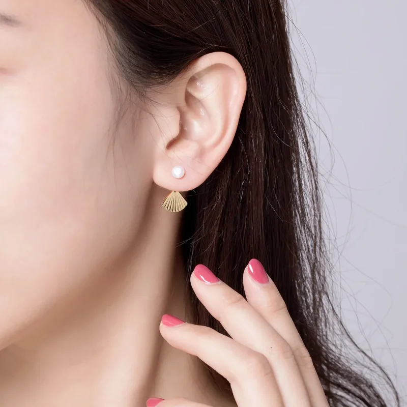 (image for) Pandora Style Gold-Plated Shell & Pearl Stud Earrings - SCE596 - View 4