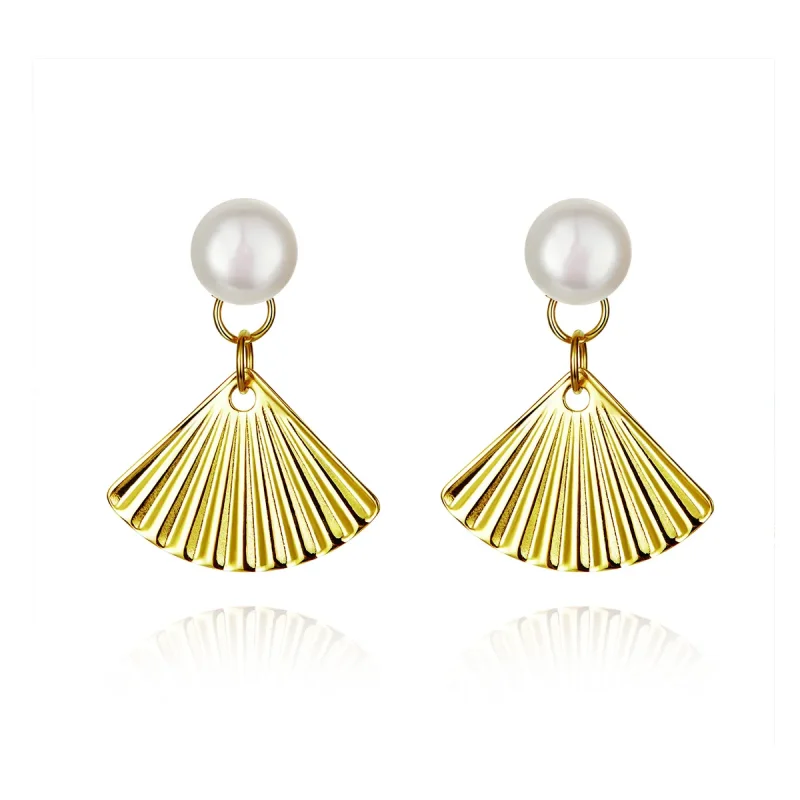 (image for) Pandora Style Gold-Plated Shell & Pearl Stud Earrings - SCE596