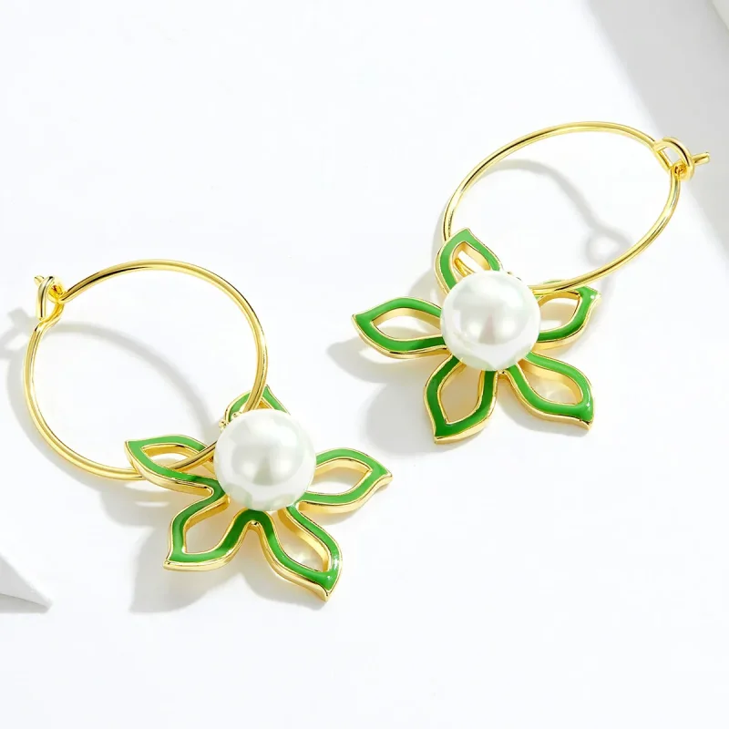 (image for) Pandora Style Gold-Plated Summer Flower Hanging Earrings - SCE679 - View 2