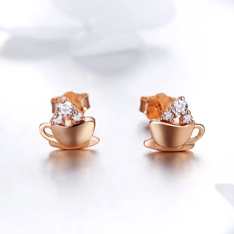 (image for) Pandora Style Rose Gold Afternoon Coffee Stud Earrings - SCE592 - View 2