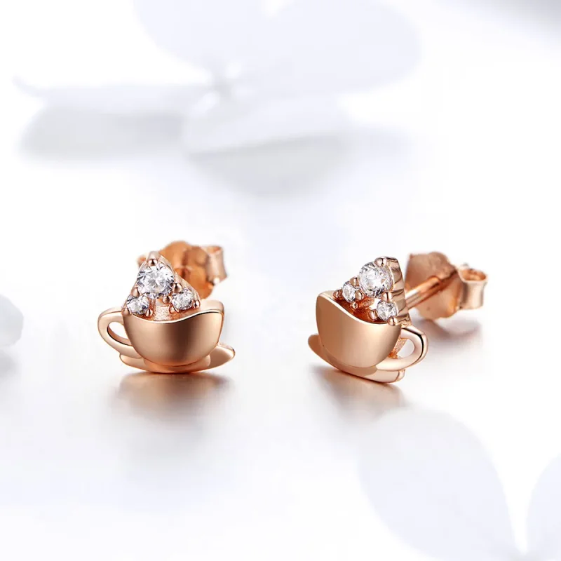 (image for) Pandora Style Rose Gold Afternoon Coffee Stud Earrings - SCE592 - View 3