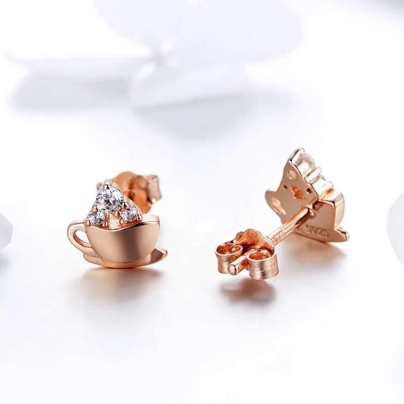 (image for) Pandora Style Rose Gold Afternoon Coffee Stud Earrings - SCE592 - View 4