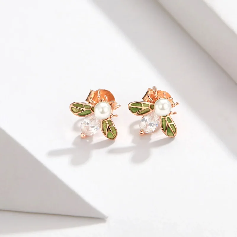 (image for) Pandora Style Rose Gold Bee Stud Earrings - SCE643 - View 2