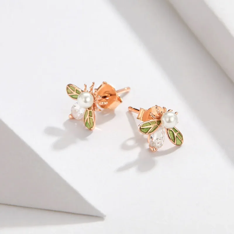 (image for) Pandora Style Rose Gold Bee Stud Earrings - SCE643 - View 3