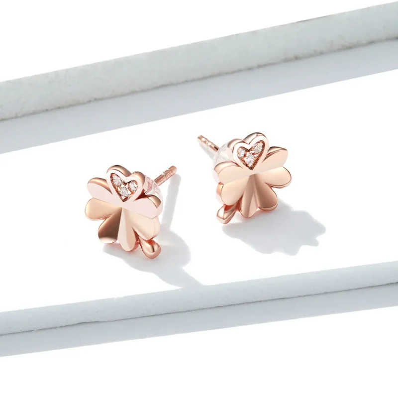 (image for) Pandora Style Rose Gold Clover Stud Earrings - BSE233 - View 2