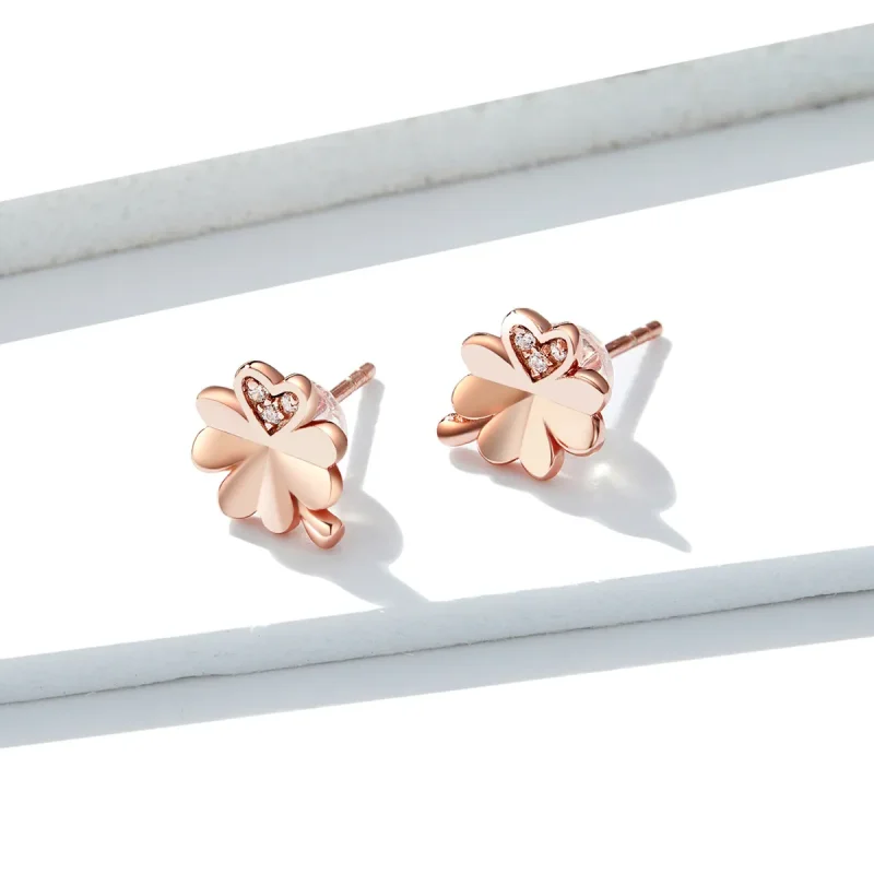 (image for) Pandora Style Rose Gold Clover Stud Earrings - BSE233 - View 3
