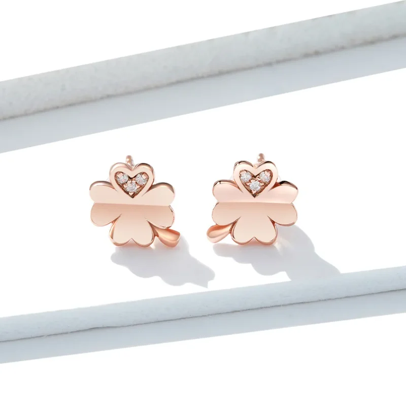 (image for) Pandora Style Rose Gold Clover Stud Earrings - BSE233 - View 4